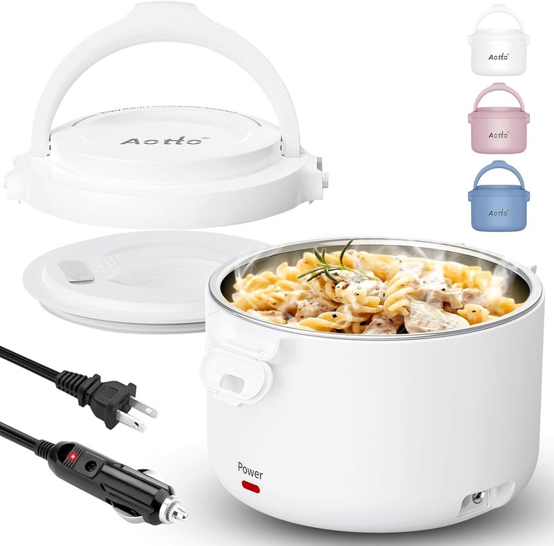 Aotto Electric Lunch Box, 32 oz Portable Food Warmer Heater, Lunch Warmer Portable for Work/Office/Car/Travel 12V/24V/110V 3-in-1, Warming Soup & Meal, Spill-Free, Men & Women's Gifts, White - Image 1